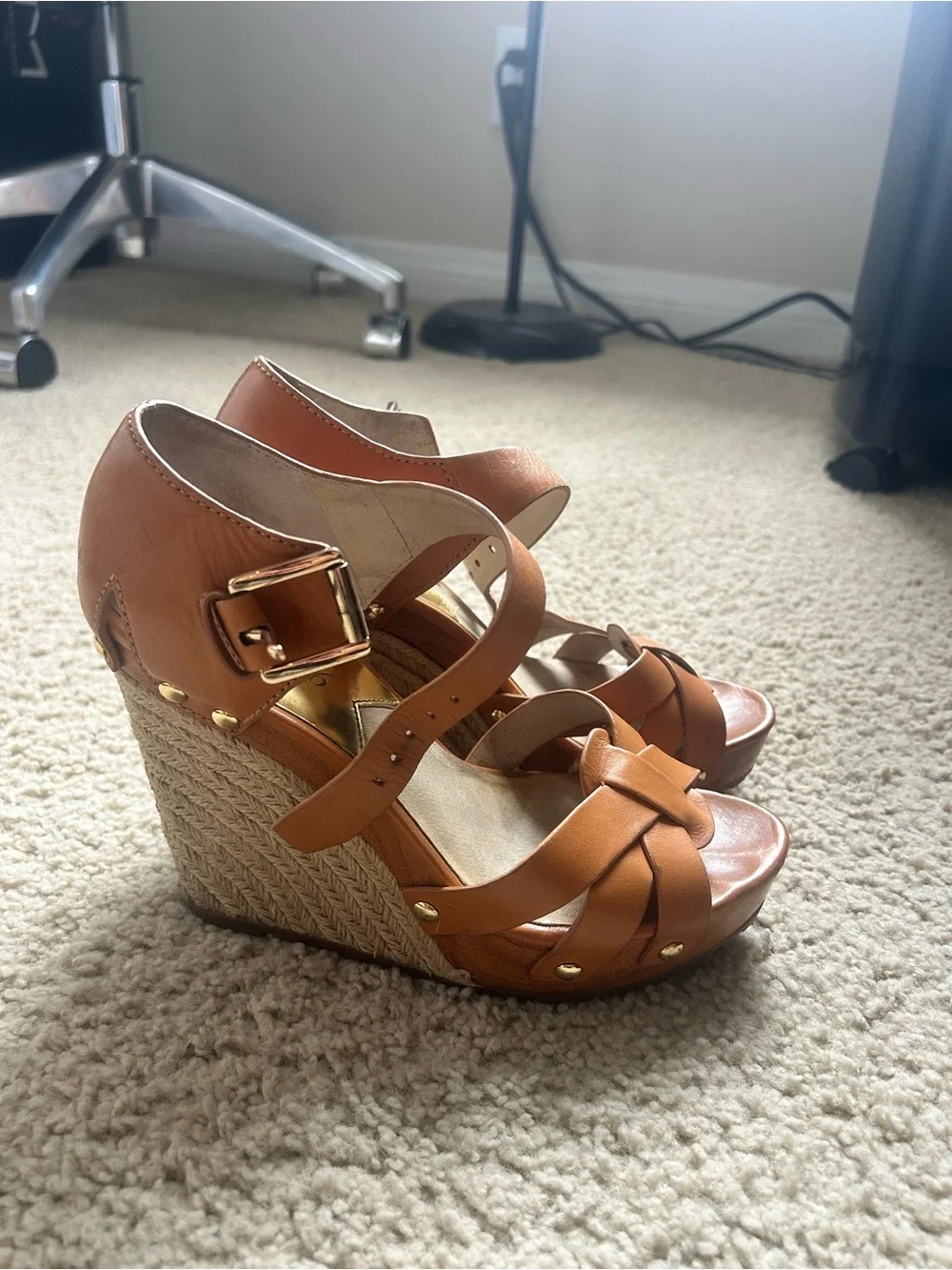 Michael Kors Jetset6 Cognac Leather Braided Wedge Sandals with Gold Buckle